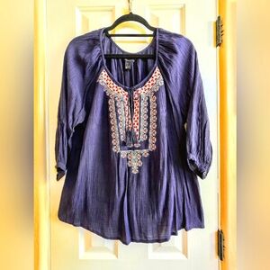 Forever 21 Blue Bohemian Aztec Embroidered Peasant Blouse JW Style   Top Medium
